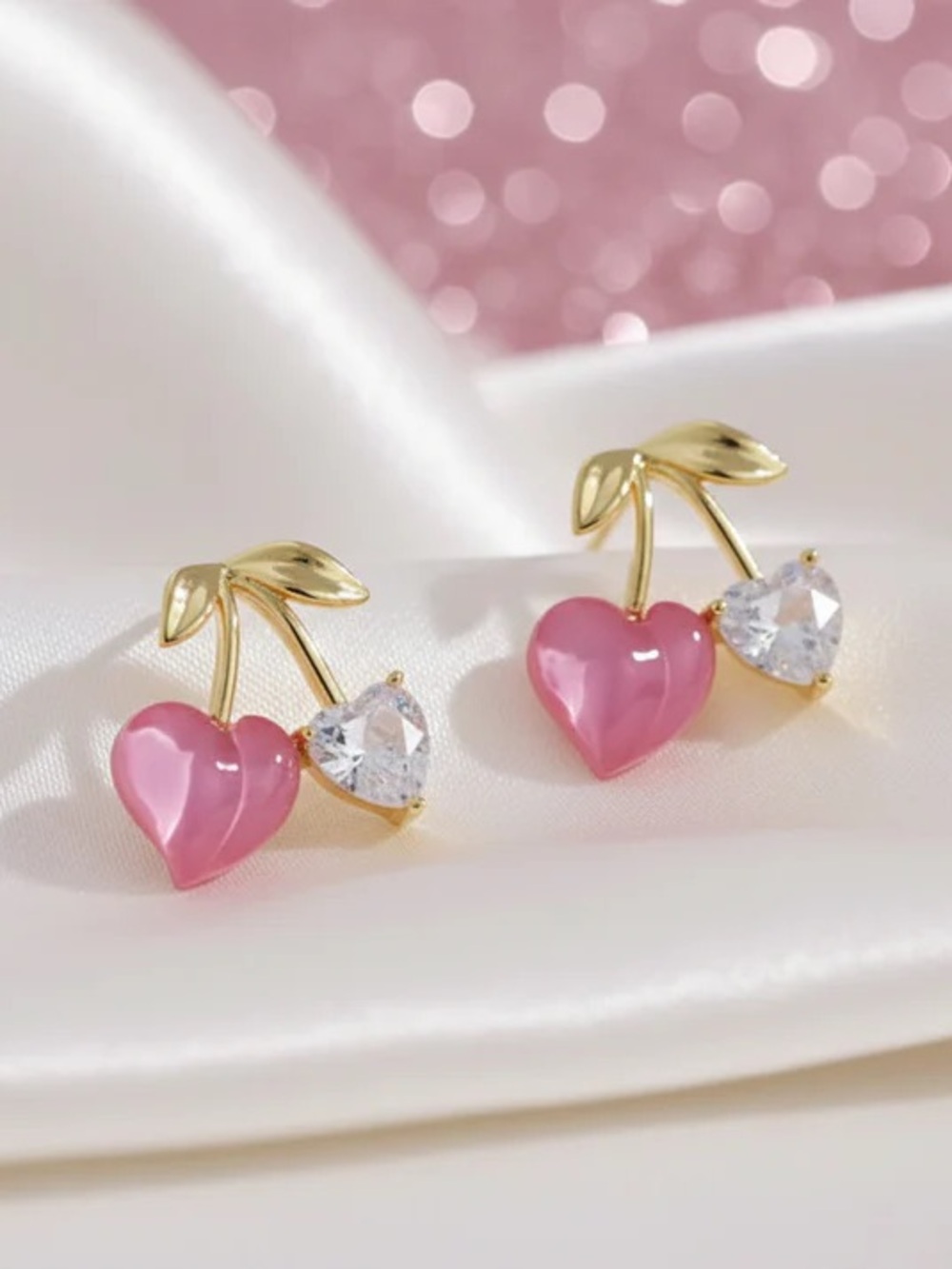 Gold-Tone Pink Heart Cherry Stud Earrings with Clear Crystal Accent
